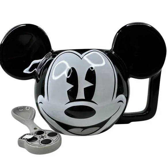 Vintage Disney Mickey Mouse Ceramic Mug W/ Spoon‎ Black & White 3D Ears D Handle - Picture 2 of 16